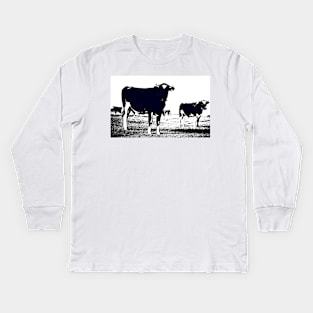 Black and white Friesian cows in field in Southland New Zealand. Kids Long Sleeve T-Shirt